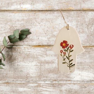 Colorful Hamsa wall art handmade clay talisman from Israel botanical ceramic decor Jewish holidays gift housewarming blessing sign Hamsah