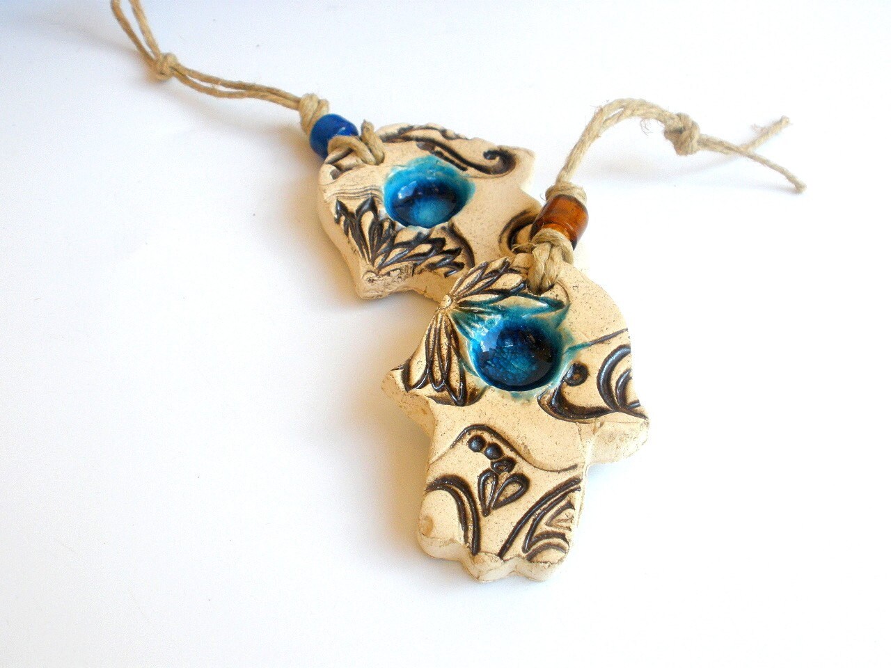 Cadeau Israël Hamsa en Céramique Décoration - Belle Main Marron et Turquoise Pour La Bonne Chance