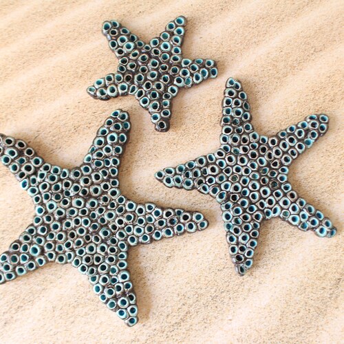 Blue and Gold Starfish Decorative Ceramic Wall Art Tile 8x10 