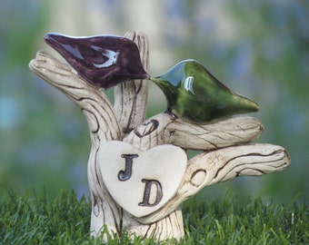 Custom cake topper - A pair of love birds on a tree  with your initials - Rustic tree wedding cake topper