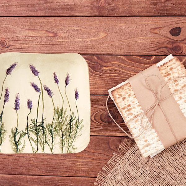 Handmade Ceramic Matzah Plate: Lavender Engraved Passover Seder Plate