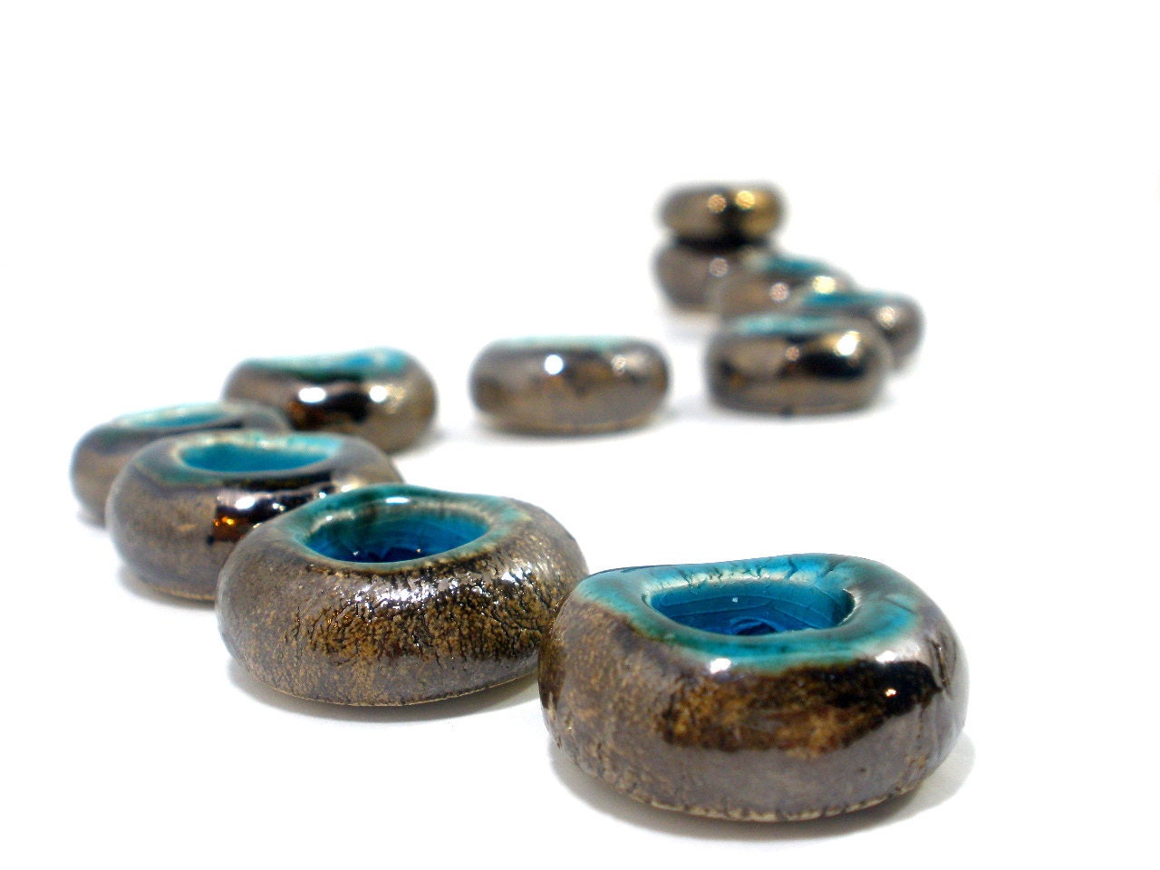 Hanukkah Menorah Ooak Céramique Fleurs Rondes en Brun Doré et Turquoise