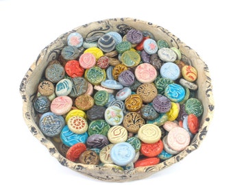 Ceramic cabochons Round colorful tiles and cabochon collection Table decor Altered art Mixed media Jewelry design Mosaic tiles Spring decor