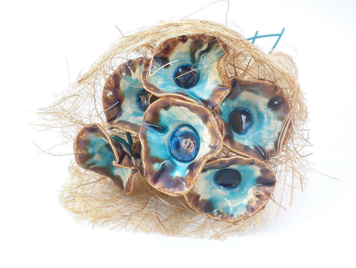 Bridal Bouquet In Aqua Turquoise And Brown Wedding Reception Etsy