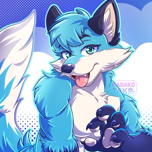 Pode incluir: Uma ilustração digital de um personagem raposa antropomórfico azul e branco com grandes olhos verde-azulados, orelhas pontudas e uma cauda felpuda. O personagem está com a língua de fora, patas azul-escuras com almofadas visíveis e o texto MADAKO TAKO com um ícone de caveira.