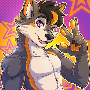 Pode incluir: Ilustração digital de um personagem semelhante a um lobo com pelo cinza, laranja e branco. O personagem tem olhos roxos e está sorrindo, com uma pata levantada. O fundo apresenta estrelas em laranja e amarelo sobre um fundo roxo.