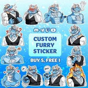 Puede incluir: Un conjunto de pegatinas personalizadas de furry que representan un personaje azul con forma de dragón en varias poses y expresiones. Las pegatinas incluyen el texto "Custom Furry Sticker" y "Buy 5, Free 1". El fondo es un degradado azul claro.