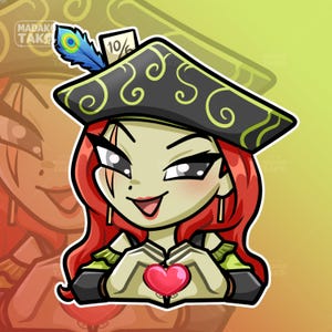 May include: Cartoon illustration of a woman with red hair, wearing a black hat with green swirls and a peacock feather. She is holding a red heart, with the text "10/6" on her hat.