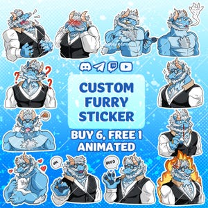 Könnte beinhalten: Eine Sammlung digitaler Aufkleber mit einer blauen anthropomorphen Figur mit Hörnern und weißem Fell, die eine schwarze Weste und ein weißes Hemd trägt. Der zentrale Text lautet CUSTOM FURRY STICKER, BUY 6, FREE 1 ANIMATED, neben Social-Media-Symbolen.
