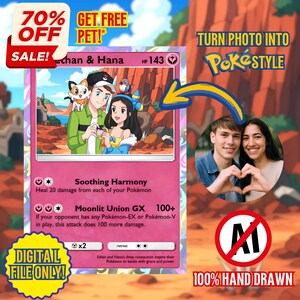 Retrato de Pokemone personalizado, Tarjeta de Poke personalizada, Retrato de Poke de pareja, Encargo de anime, Regalo para niños, Pareja, Mascota, Regalo de cumpleaños, Tarjeta TCG