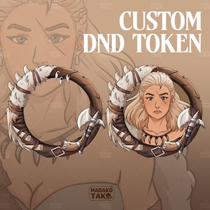 Könnte beinhalten: Benutzerdefinierter DND-Token mit einer blonden Kriegerin mit einer Axt. Der runde Token hat einen braunen Holzrahmen, weiße Fellakzente und scharfe Zähne. Der Text "CUSTOM DND TOKEN" ist zu sehen. Das Design hat ein Fantasy-Thema.