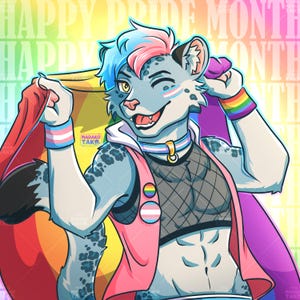 May include: A digital illustration of an anthropomorphic leopard character with blue and pink hair, wearing a fishnet top, pink vest, and pride-themed accessories. The character holds a rainbow flag, with text reading HAPPY PRIDE MONTH in the background.