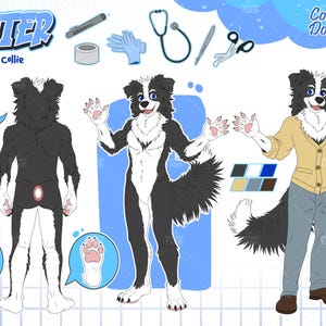 Può includere: Illustrazione digitale di un personaggio Border Collie di nome Hunter. Il personaggio è raffigurato in più pose, tra cui viste frontali, posteriori e laterali, con una tavolozza di colori e accessori. Il personaggio indossa un cardigan giallo, jeans blu e scarpe marroni.