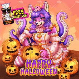 May include: A digital illustration of a purple-furred anthropomorphic creature with octopus tentacles, wearing a ruffled white dress, carving a jack-o'-lantern. The image features several carved pumpkins, a small pink octopus on the head, and text reading FREE CHIBI YCH HALLOWEEN EDITION and HAPPY HALLOWEEN.