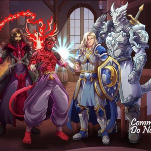 Może przedstawiać: Ilustracja czterech postaci fantasy w scenerii tawerny. Czerwony demon z rogami i ogonem stoi obok postaci w srebrnej zbroi. Postać w czerwono-czarnym płaszczu jest po lewej stronie, a postać w niebieskiej zbroi pośrodku. Obraz zawiera tekst "Commission Do Not Use".