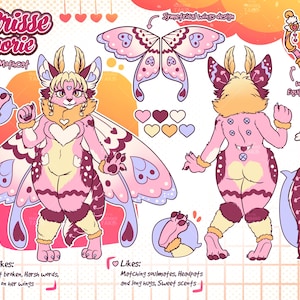 Può includere: Illustrazione del design del personaggio di Catrisse Amorie, un ibrido tra falena e gatto. Il design presenta una combinazione di colori rosa e crema con dettagli a forma di cuore e ali. L'immagine include un arco e una freccia etichettati come "Work Equipment".