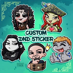May include: A selection of custom Dungeons and Dragons stickers with cartoon characters. The stickers depict fantasy figures with distinct designs and expressions. The text "CUSTOM DND STICKER" is displayed in green and white.
