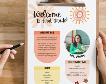 Modelo editável Boho Meet the Teacher, folheto de volta às aulas do Canva, folha de apresentação do professor para impressão