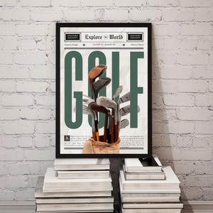 Puede incluir: Póster enmarcado en negro con la palabra "GOLF" en letras verdes grandes. El póster presenta palos de golf en una bolsa de golf. También se ve el texto "Explore the World" y "Golfers Edition".