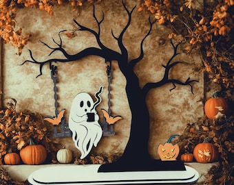 May include: A Halloween-themed wooden decoration featuring a black tree silhouette with a swing holding a ghost sipping from a mug. Orange bats and pumpkins are also included in the design. The decoration is set against a backdrop of fall foliage.