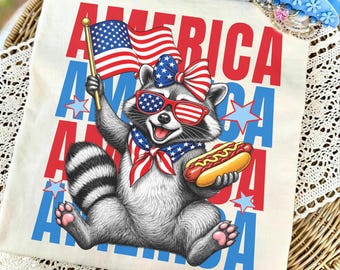 America Raccoon Hot Dog Png, Kids 4th of July Raccoon Png, Patriotic American Flag Tee, Women's Retro USA Animal Png