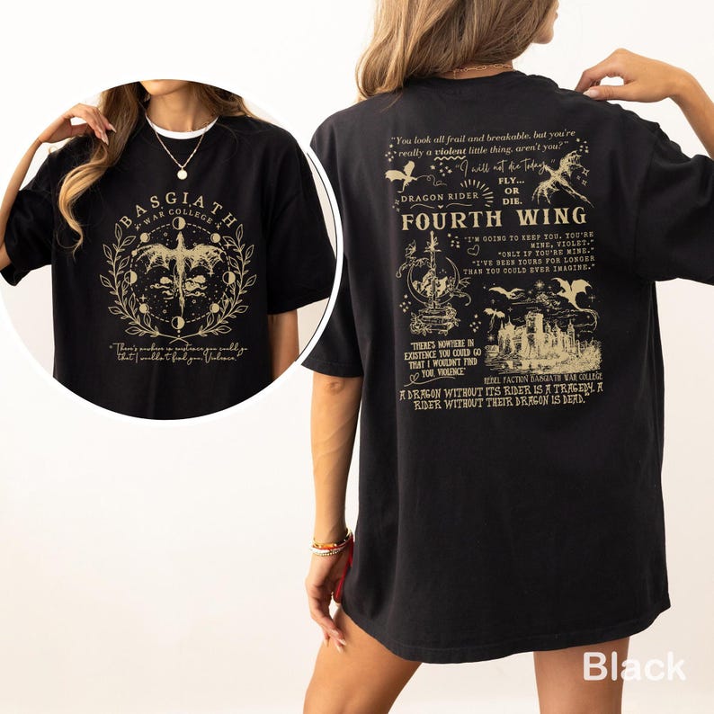 May include: Black t-shirt with gold graphics and text. The front has a celestial design with "BASGIATH WAR COLLEGE." The back features text and illustrations related to "FOURTH WING" and "DRAGON RIDER."