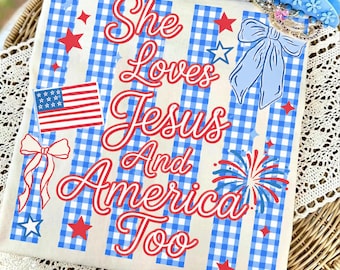 Loves Jesus and America Too PNG, Faith Patriotic American Design, Girly Dainty Stripes, Memorial Day Sublimation, Christian Whimsy Art PNG