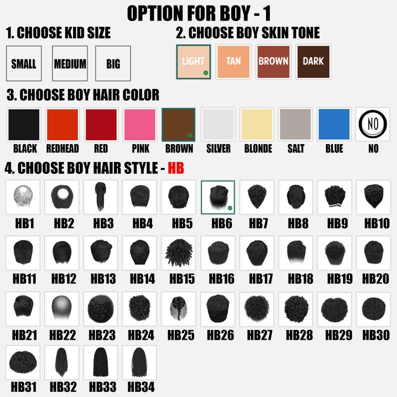 Puede incluir: Gr&aacute;fico con opciones para personalizar un avatar de ni&ntilde;o. Las opciones incluyen tama&ntilde;o del ni&ntilde;o, tono de piel (claro, bronceado, marr&oacute;n, oscuro), color de cabello (negro, rojo, rosa, marr&oacute;n, etc.) y peinado (HB1-HB34). Texto: "OPTION FOR BOY - 1".
