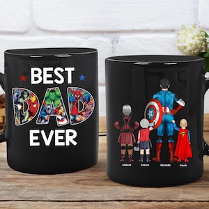 Taza personalizada de superhéroe para papá, taza para papá, taza para el mejor papá del mundo, regalo para el Día del Padre, camiseta personalizada para papá con el nombre de los niños, regalos para papá