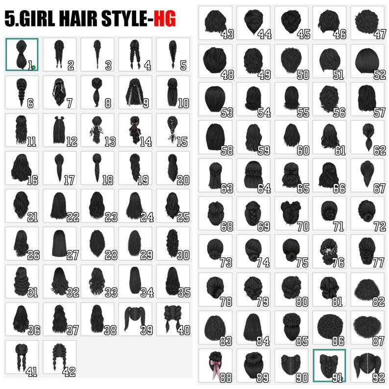 Puede incluir: Una cuadr&iacute;cula de 92 ilustraciones de varios peinados de ni&ntilde;a, numerados del 1 al 92. Los estilos incluyen trenzas, colas de caballo, mo&ntilde;os y ondas sueltas, todos en negro. El texto "5. GIRL HAIR STYLE-HG" est&aacute; en la parte superior.