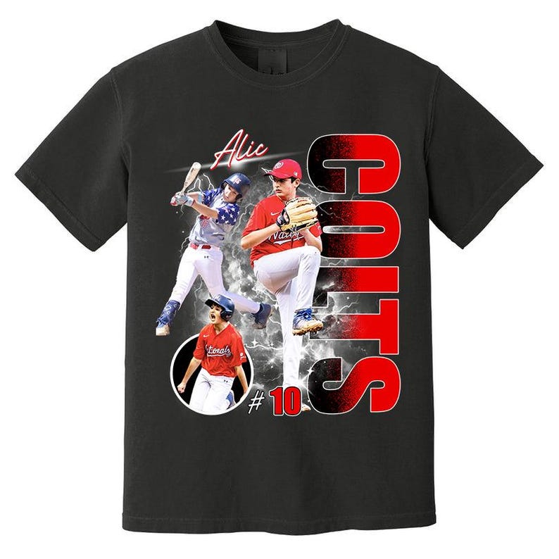 May include: Black t-shirt featuring baseball players in action, with the name "Alic" and the word "GOTS" in red and white. The number "10" is also visible on the shirt.