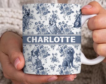 Personalized  Dog Toile de Jouy Mug - Blue Toile Coffee Cup for Mom, Sausage Dog Lover Gifts, Dog Tea Drinkware, Mug Gift for Toile Lover