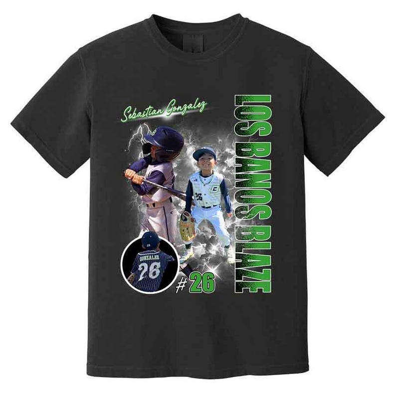 May include: Black t-shirt featuring baseball player images and text. The shirt displays the name "Sebastian Gonzalez" in green script, along with "LOS BANOS BLAZE" in green vertical text. A player is shown batting, and another is standing, wearing a baseball uniform.