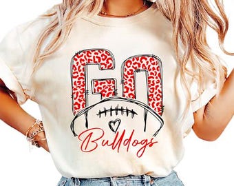 Camiseta personalizada de mascota escolar, camiseta de fútbol de leopardo Go Bulldogs, camiseta personalizada de mascota con espíritu de equipo, ropa con espíritu escolar, camiseta para el día del partido