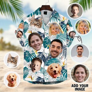 May include: White Hawaiian shirt with a tropical leaf pattern in teal and green. The shirt features multiple faces of people and pets. The text "ADD YOUR IMAGE" is visible in the lower right corner.