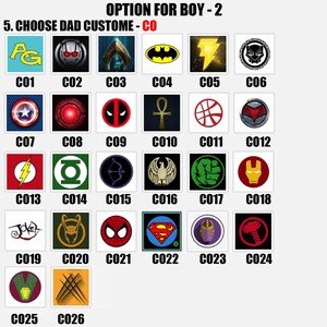 Puede incluir: Una cuadr&iacute;cula de 26 dise&ntilde;os circulares coloridos, cada uno con un emblema diferente de superh&eacute;roe o personaje de c&oacute;mic. Los dise&ntilde;os incluyen logotipos de Batman, Superman, Capit&aacute;n Am&eacute;rica y otros, con los n&uacute;meros correspondientes.