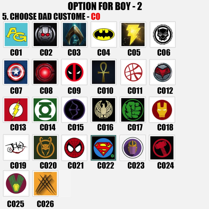 Puede incluir: Una cuadr&iacute;cula de 26 dise&ntilde;os circulares coloridos, cada uno con un emblema diferente de superh&eacute;roe o personaje de c&oacute;mic. Los dise&ntilde;os incluyen logotipos de Batman, Superman, Capit&aacute;n Am&eacute;rica y otros, con los n&uacute;meros correspondientes.