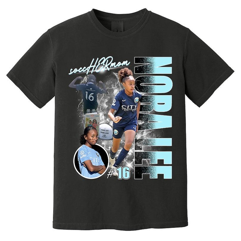 May include: Black t-shirt featuring a soccer player graphic with the name "Nopalee" in light blue. The shirt includes the text "soccer HER mom" and the number "16". The design incorporates action shots of the player.