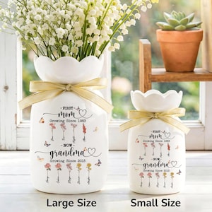 Custom First Mom Now Grandma Vase, Personalized Birth Month Flower Ceramic Jug, Mothers Day Gift For Nana, Grandma Garden Pitcher Decor
