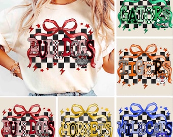 Custom Mascot Checkered Ribbon Spirit Shirt, School Team Sports Shirt, Football Team Shirt, Sports Team Mascot, Mascot Logo Shirt, Game Day