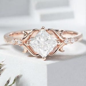 Princess cut Moissanite engagement ring Unique rose gold engagement ring dainty diamond bridal ring Twist ring promise ring anniversary gift