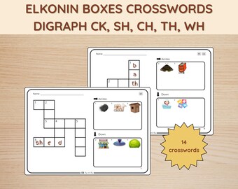 Digraph ck, sh, ch, th, wh, Printable Crossword in Elkonin Boxes, Science of Reading, Spelling Game, CVC Words, Early Reading Intervention