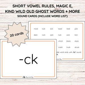 Reglas de vocales cortas Magic E Kind Wild Old Ghost Tarjetas de fonética, lista de palabras, recursos didácticos para aprender a leer, Orton Gillingham alineado