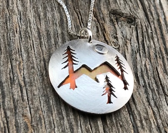 Tree and Mountain Necklace Pendant