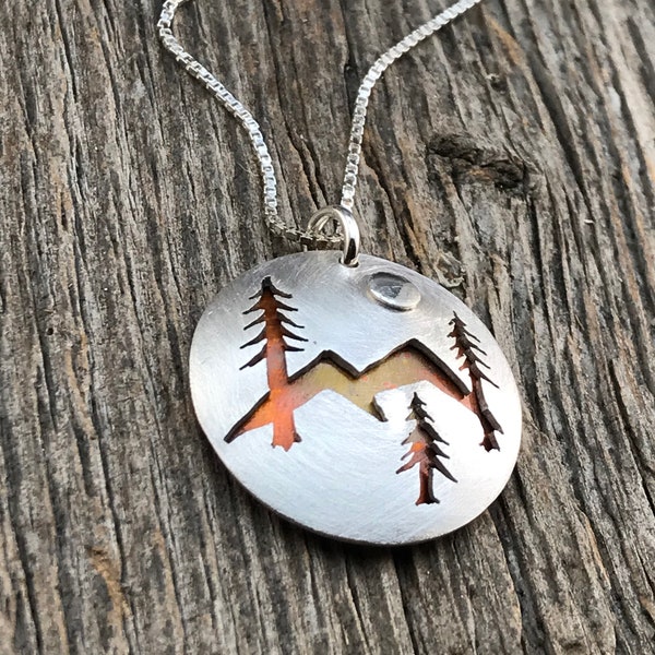 Tree and Mountain Necklace Pendant