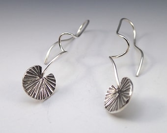 Silver Earrings Lilypads on tendrils - handmade art jewelry