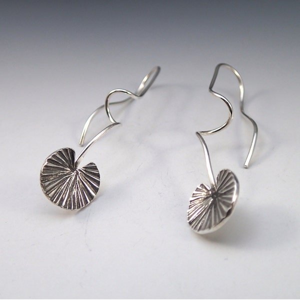 Silver Earrings Lilypads on tendrils - handmade art jewelry