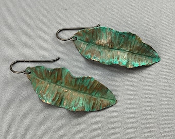 Verdigris Copper Leaf Earrings - foldformed  and hammer textured recycled copper