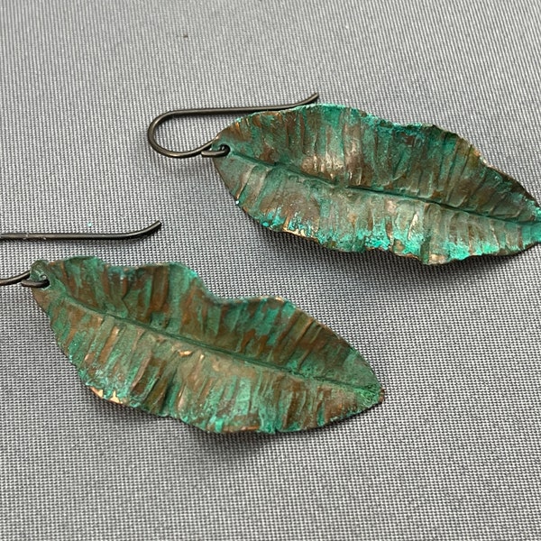 Verdigris Copper Leaf Earrings - foldformed  and hammer textured recycled copper