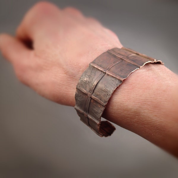 Oxidized recycled copper fold formed cuff bracelet